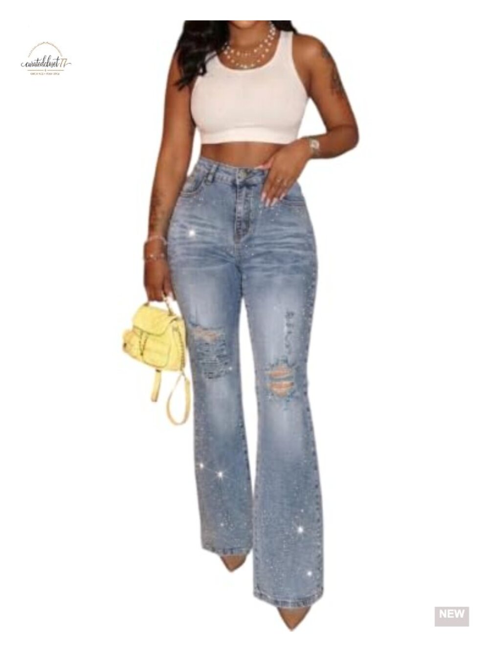 Rhinestone Flare Distressed Ripped High Waist Bell Bottom Jeans